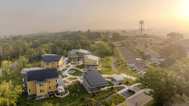 The recently completed Phius townhouses on a foggy morning.